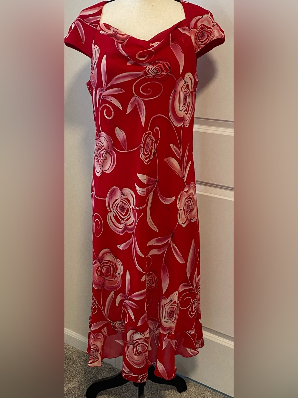 Vintage I.V.Y. red pink rose floral print midi dress cap sleeve flounce hem 14